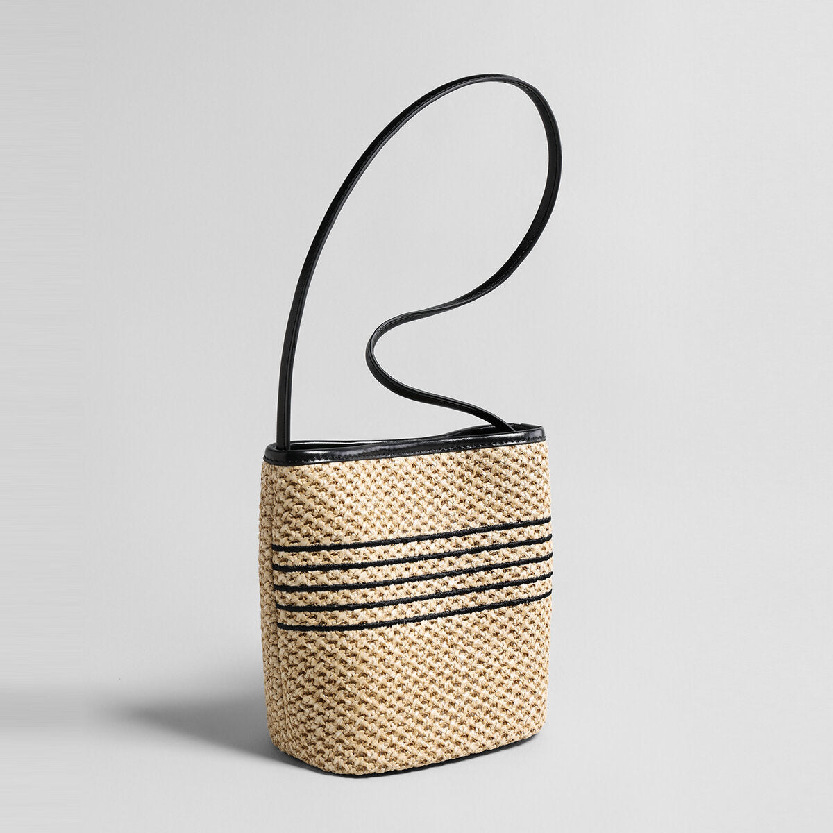 Striped Woven Straw Bucket Bag - Natural