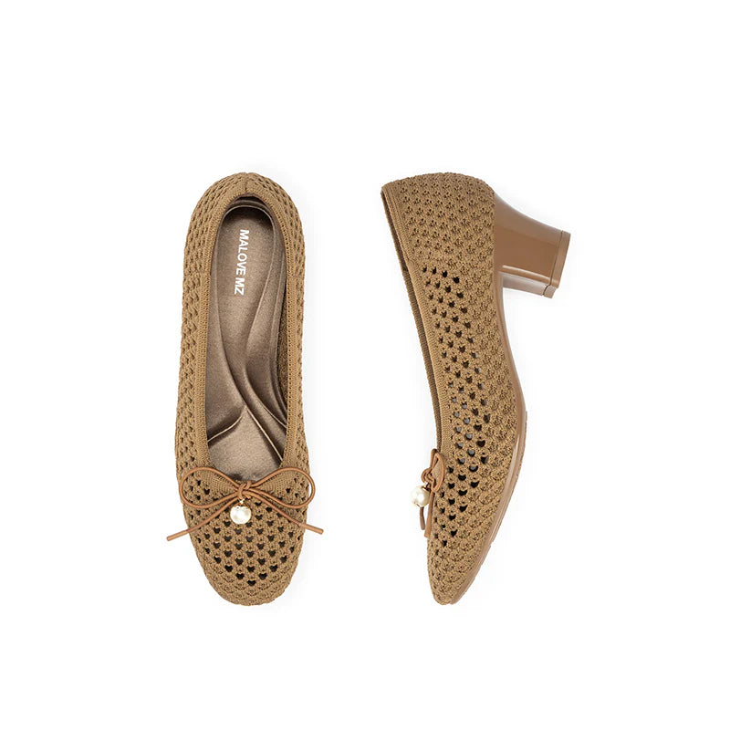 Pearl Bow Mesh Knit Round Toe Pumps - Tan