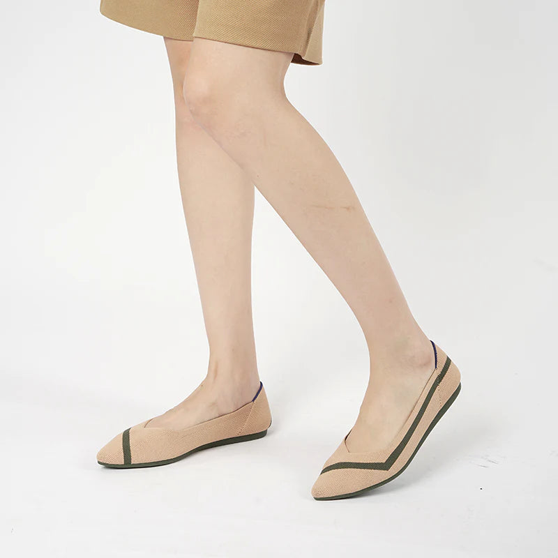 Comfortable Woven Striped Pointed Toe Flats - Beige