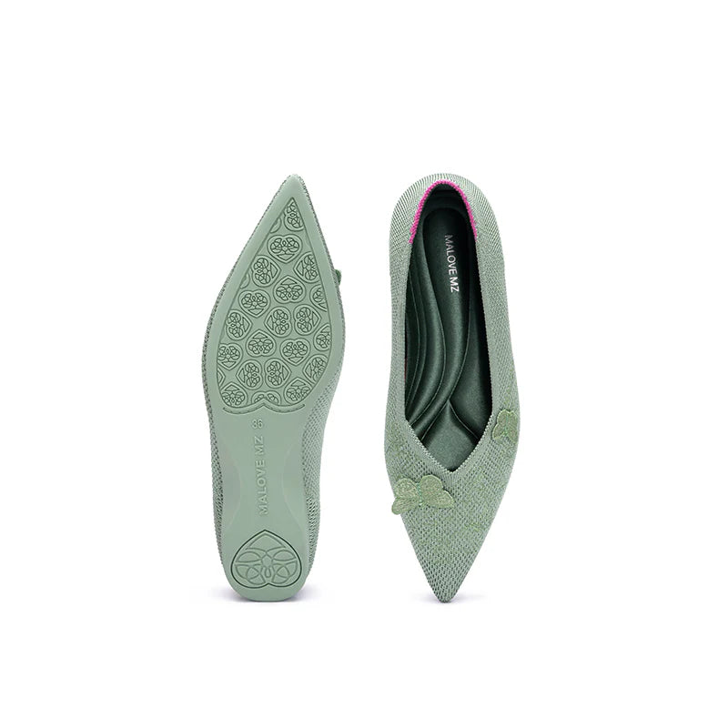 Butterfly Floral Knit Pointed Toe Ballet Flats - Mint