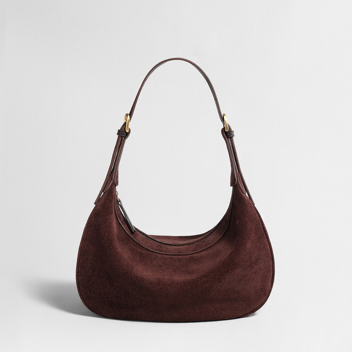 Suede Leather Crescent Hobo Bag - Chocolate