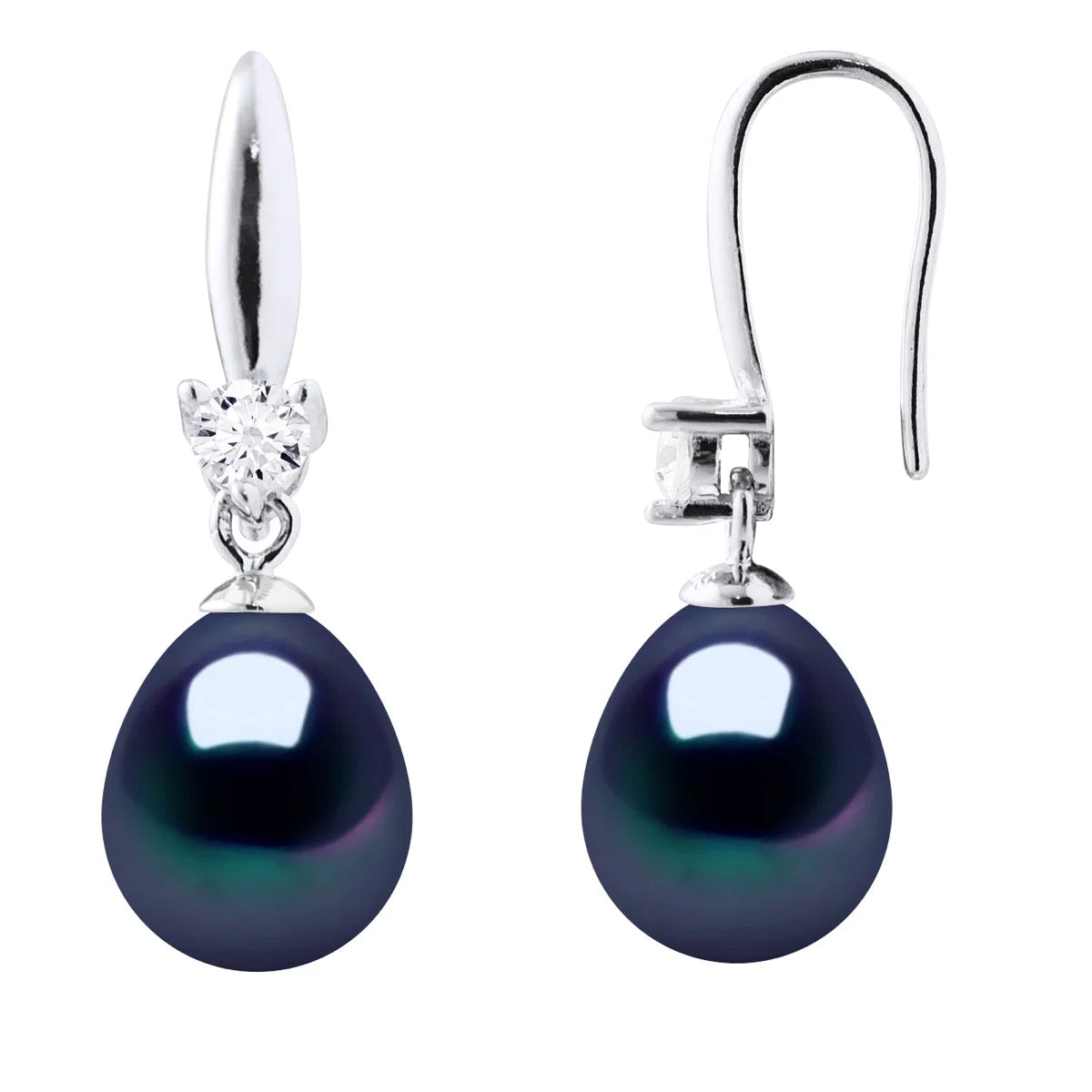 Drop Earrings Freshwater Pearl & Cubic Zirconia Black Sterling Silver 8-9mm