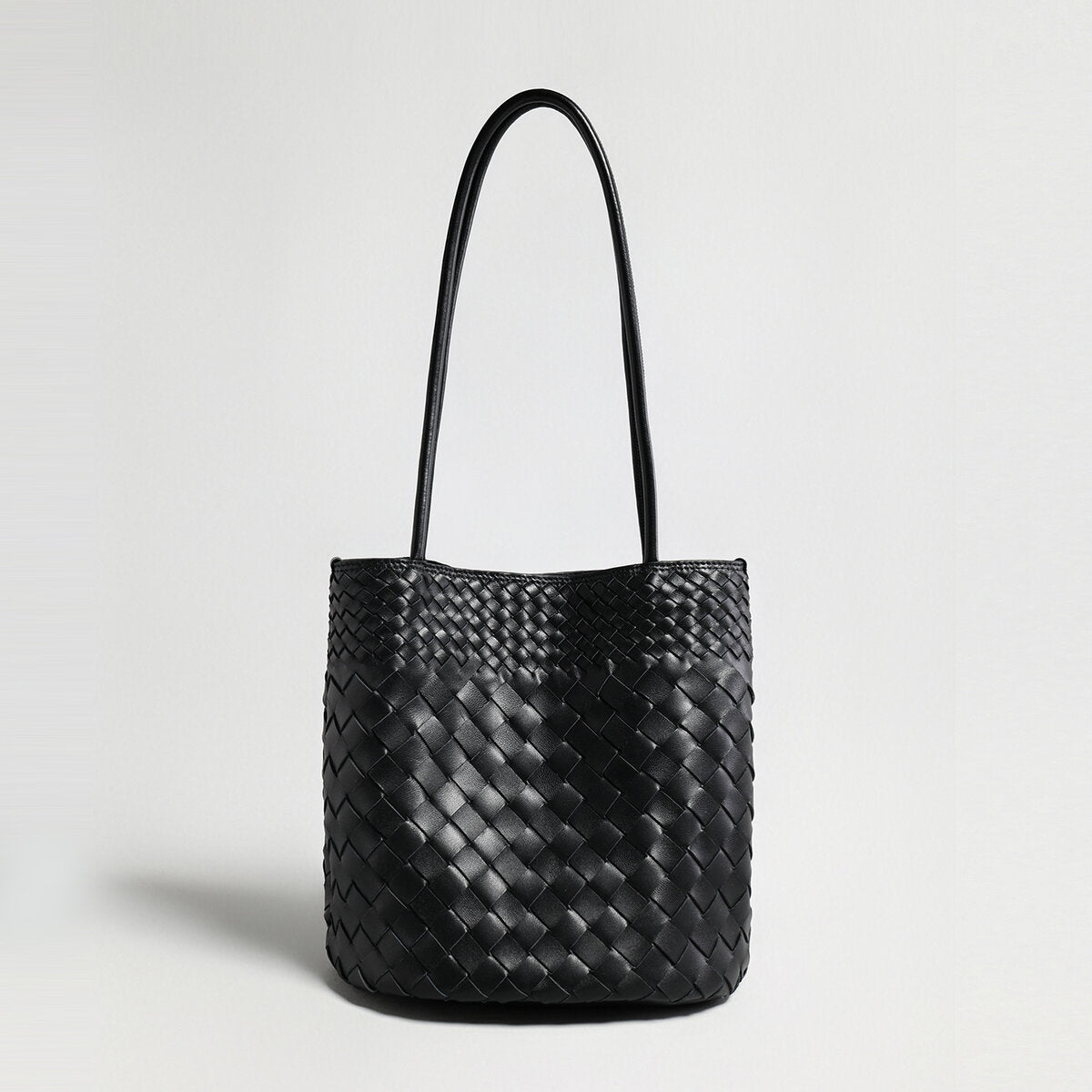 Woven Lambskin Bucket Tote - Black