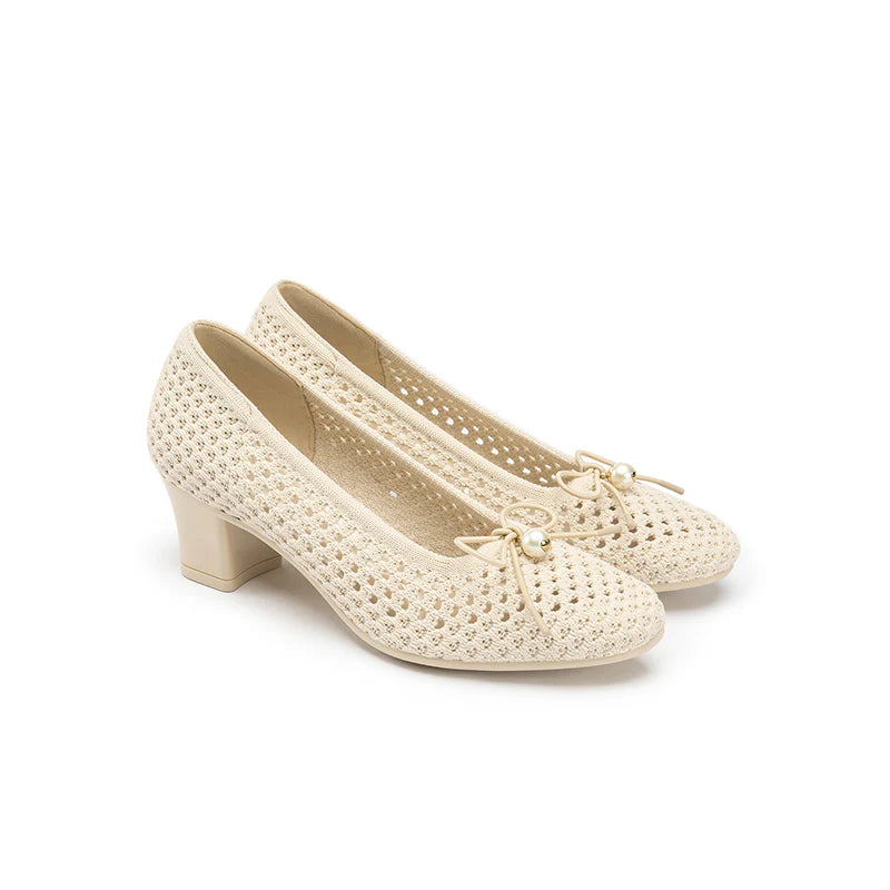 Pearl Bow Mesh Knit Round Toe Pumps - Ivory