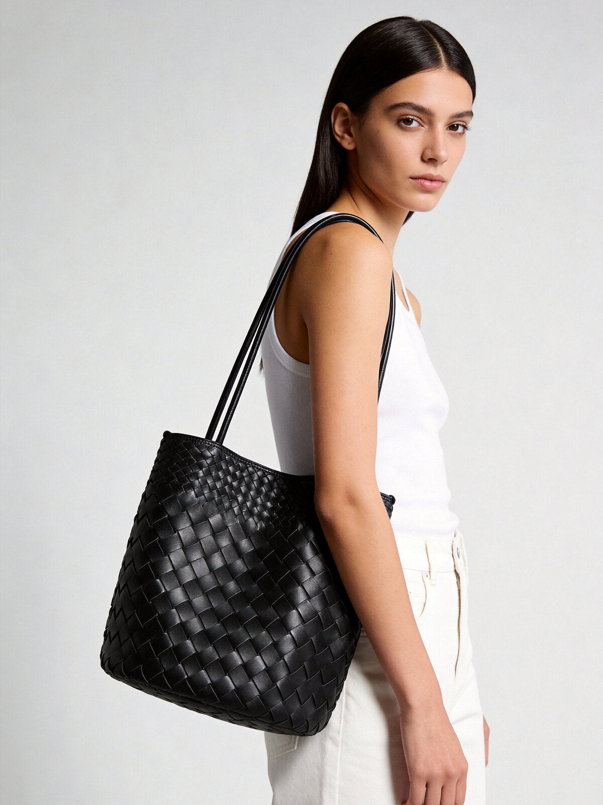 Woven Lambskin Bucket Tote - Black