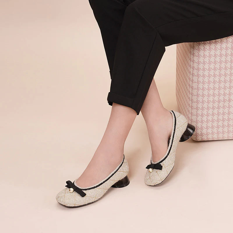 Classic Bow Tweed Quilted Pumps - Ivory