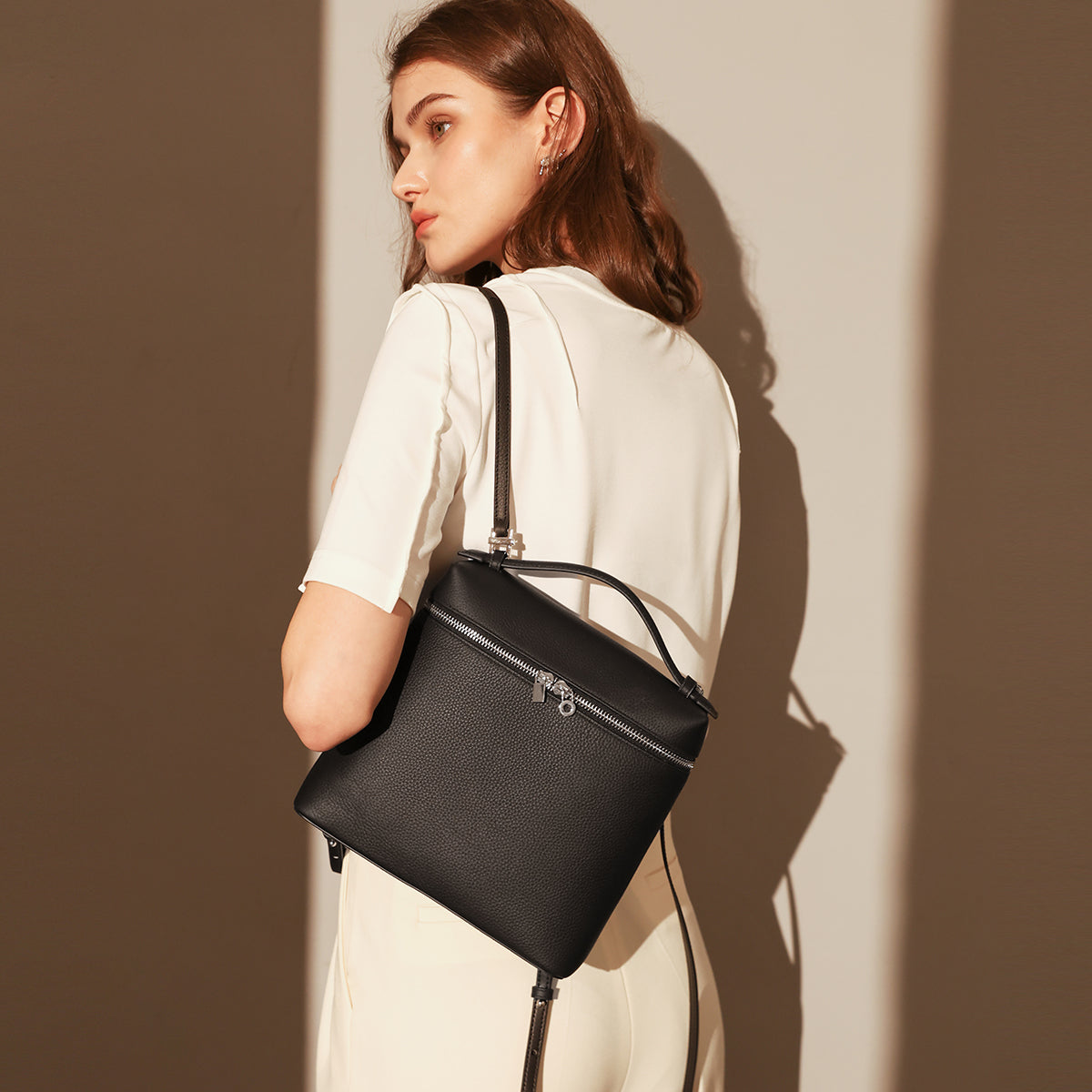 Convertible Pebbled Leather Backpack - Black