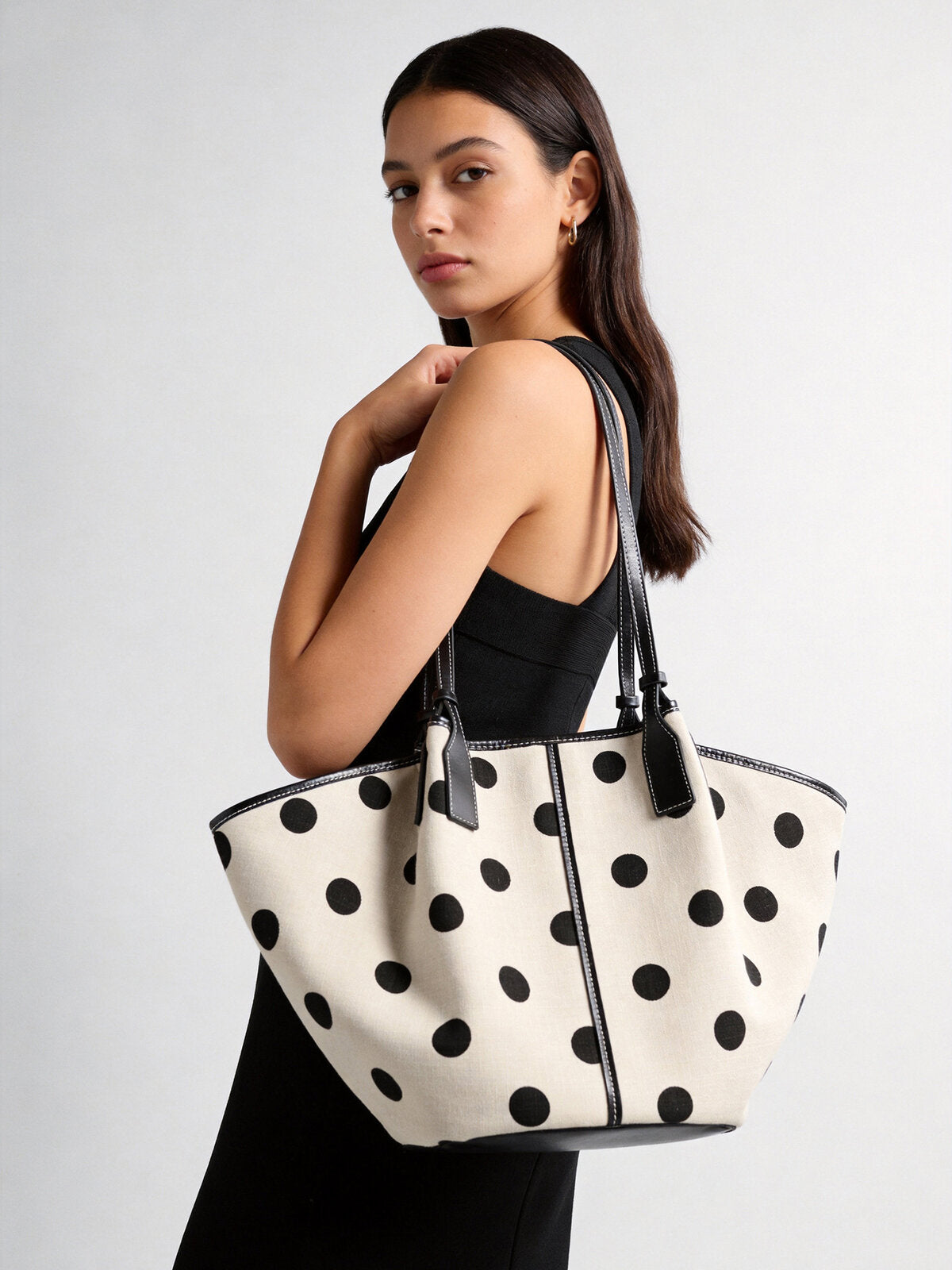 Polka Dot Canvas Basket Tote Bag - Ivory