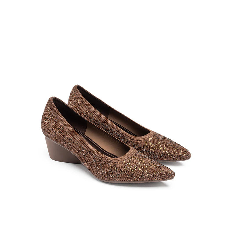Rhinestone Check Knit Pointed Toe Wedge Pumps - Chocolate