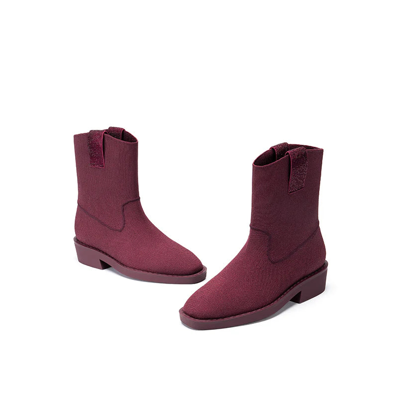 Knit Block Heel Ankle Boots - Wine