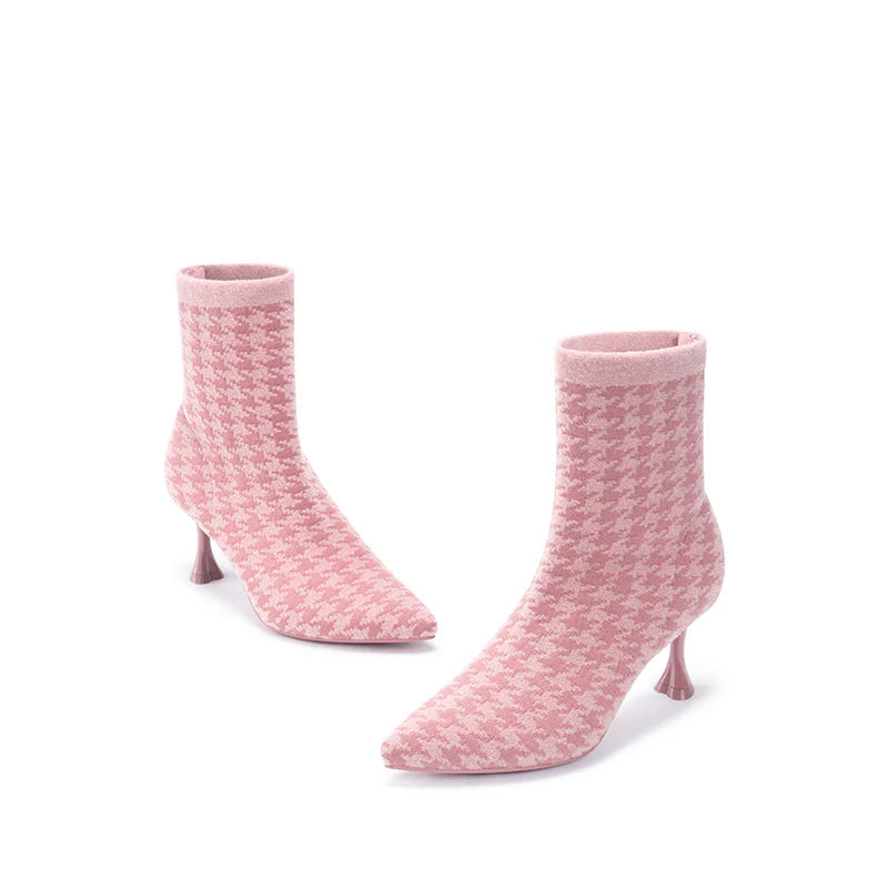 Pointed Toe Stiletto Heel Stretch Ankle Boots - Pink