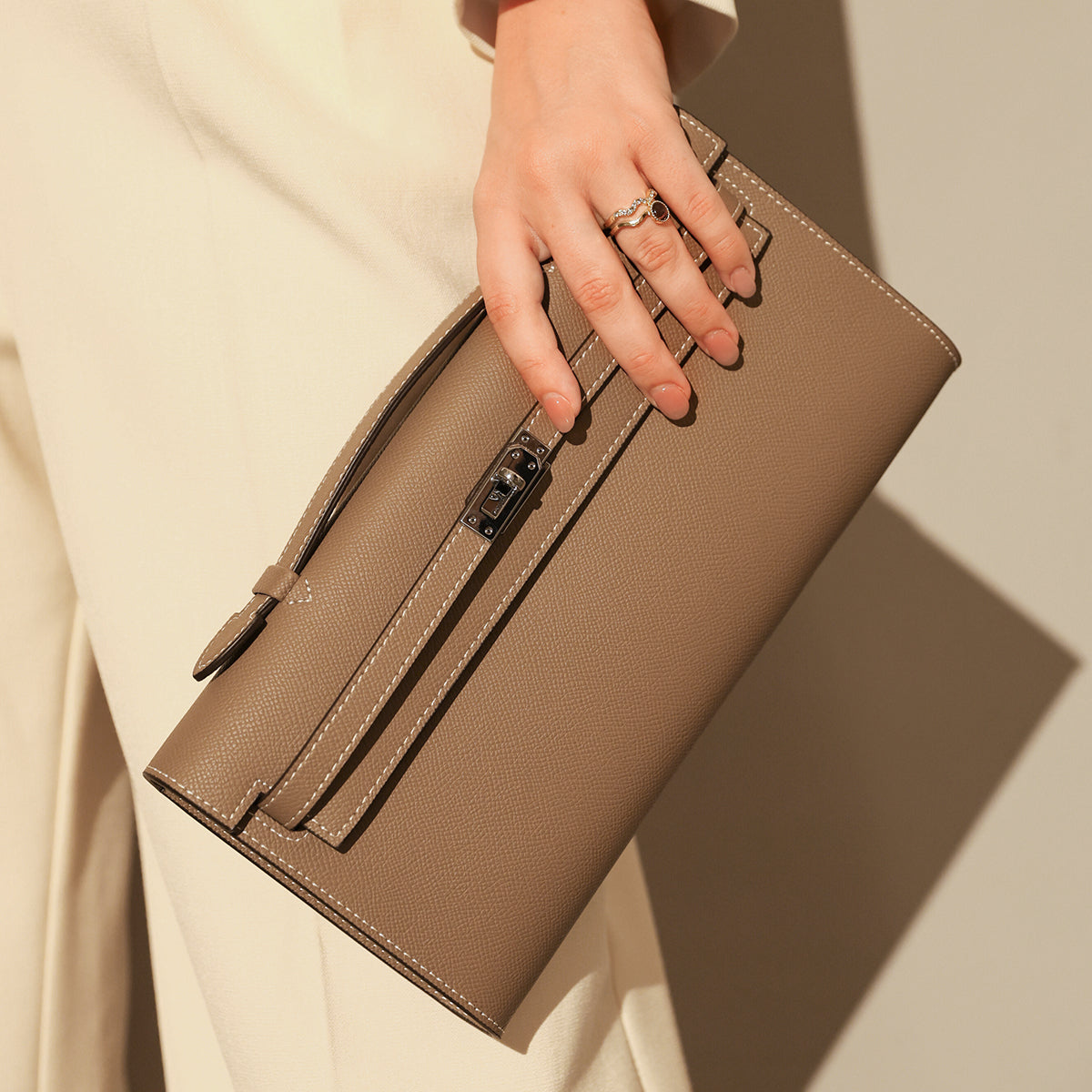 Structured Saffiano Leather Top-Handle Clutch - Taupe