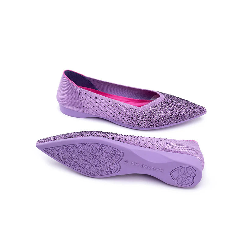 Rhinestone Knit Pointed Toe Ballet Flats - Lilac