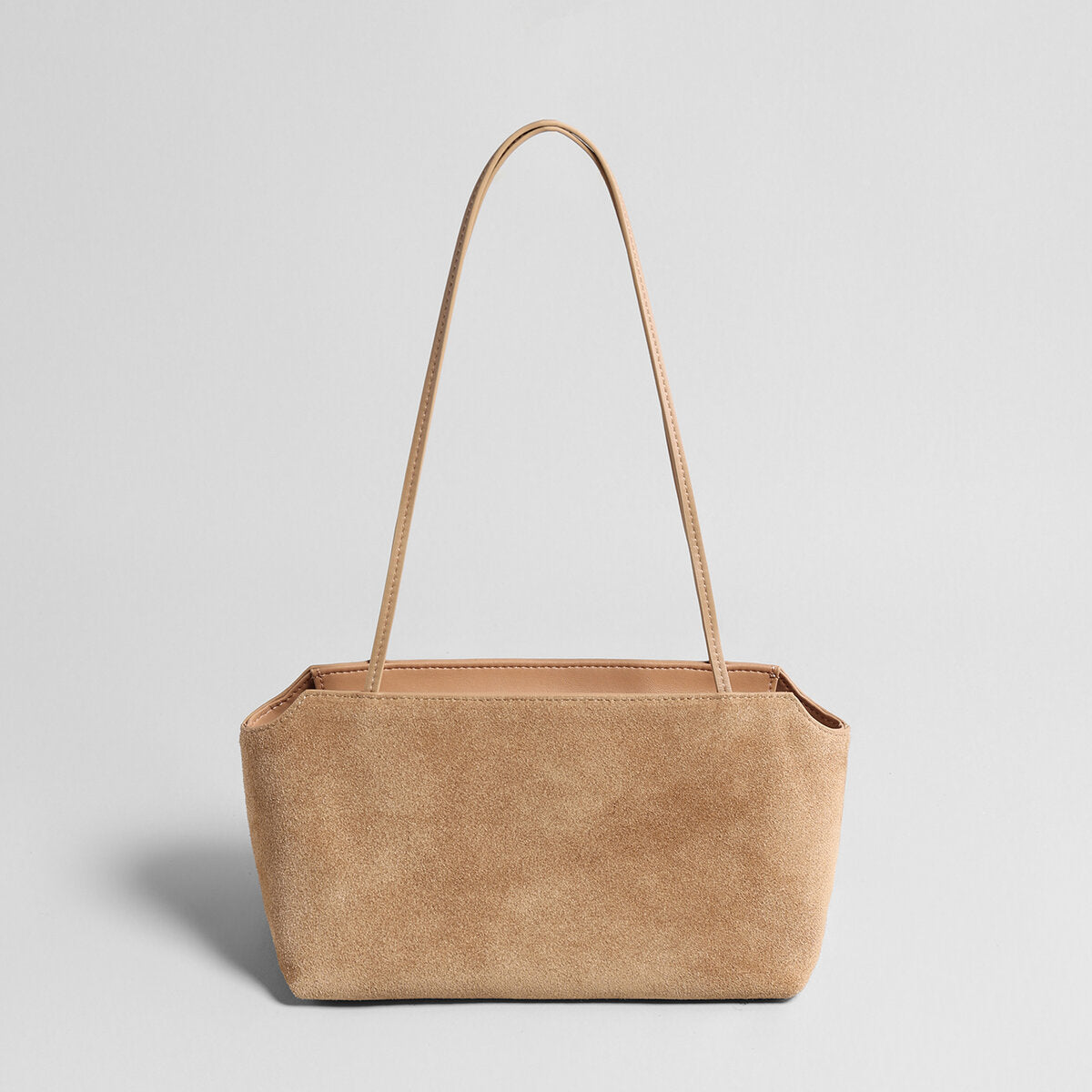 Suede Leather Structured Shoulder Bag - Oat