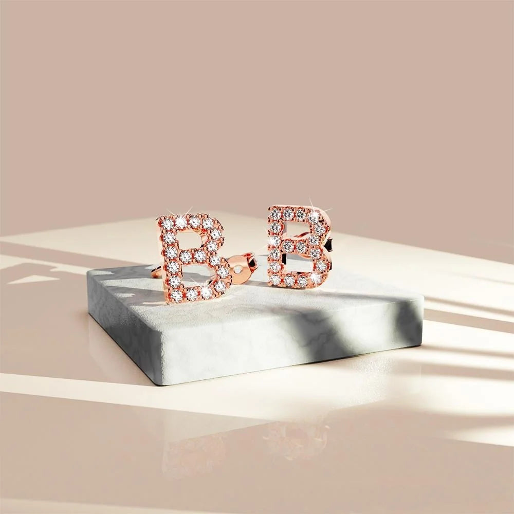 Solid 925 Sterling Silver Glamour Alphabet Letter Earrings Rose Gold