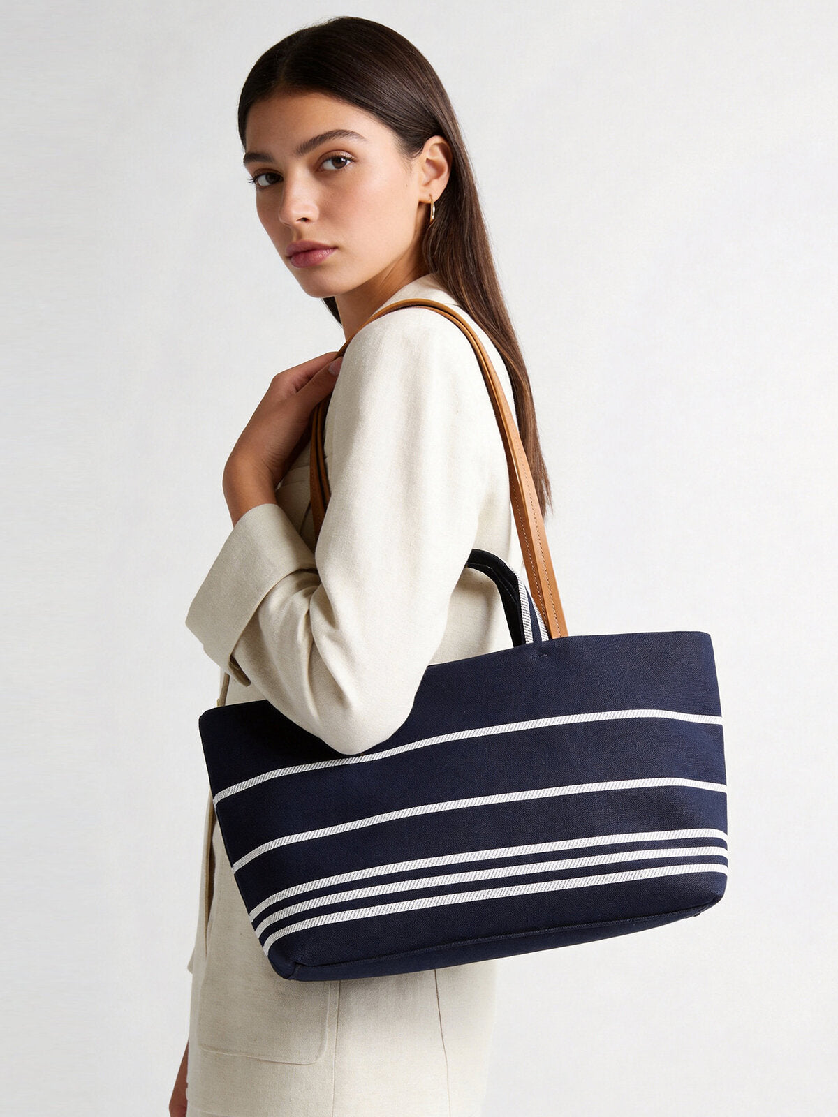 Nautical Striped Canvas Tote Bag - Navy