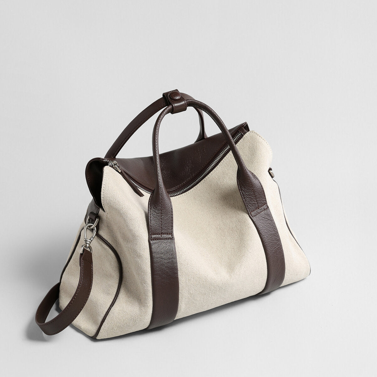 Canvas & Leather Curved-Top Satchel - Ivory