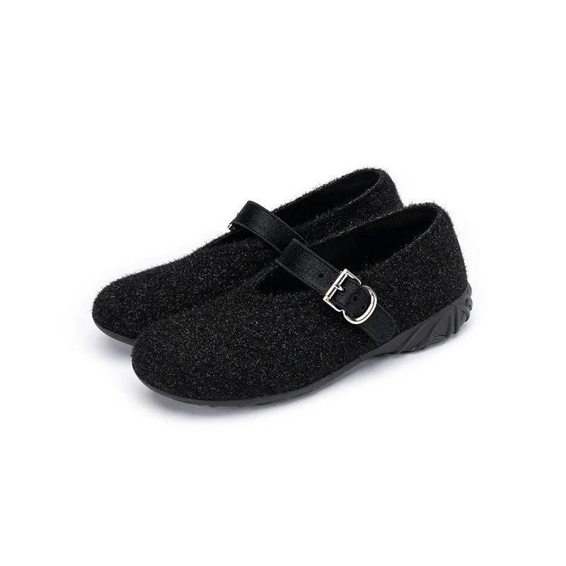 Fuzzy Mary Jane Flats - Black