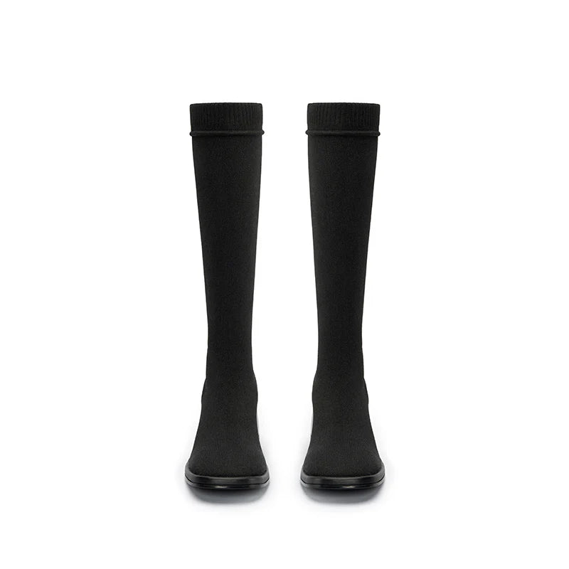 Mademoiselle Round Toe Knee High Sock Boots - Black