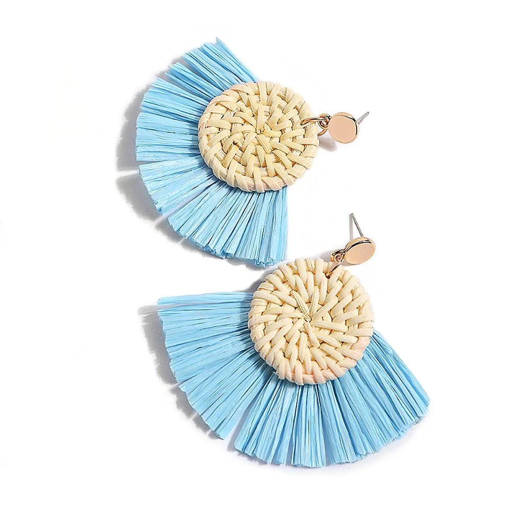 Im A Fan Light Blue Raffia Earrings