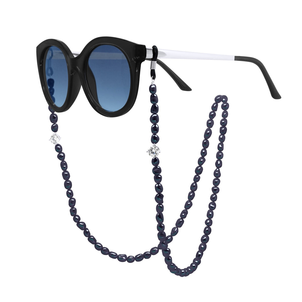 Row of Pearls Glasses Holder -Real Cultured Freshwater Pearls Baroque 6-7 mm - Black Tahiti - Longueur 42 cm