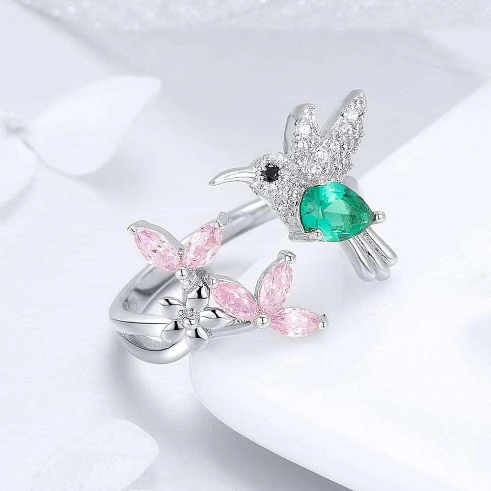 Adjustable Solid 925 Sterling Silver Humming Bird Fashion Ring