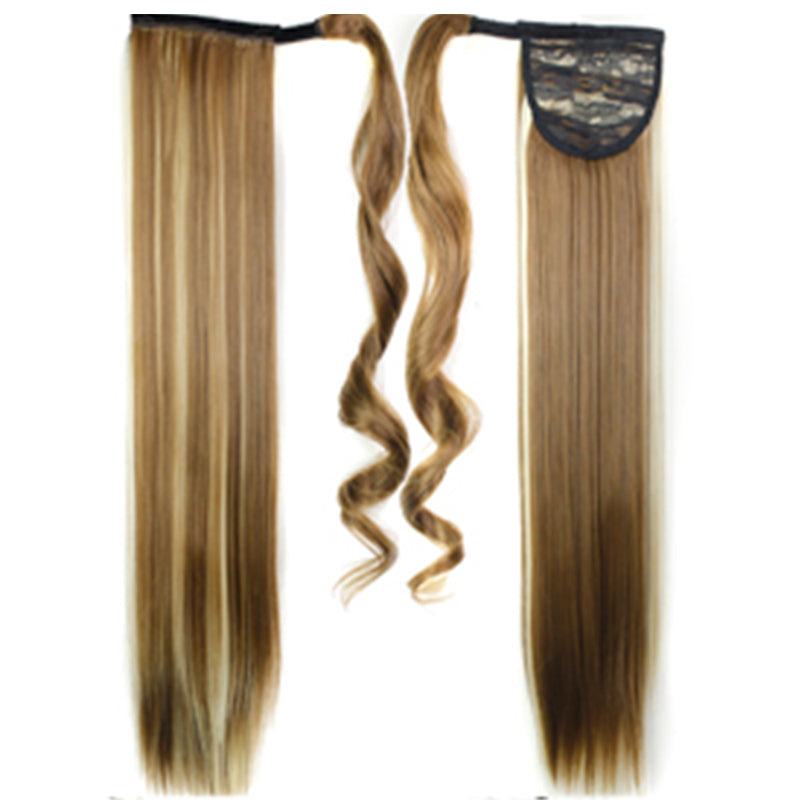 22" Blonde Hair Extension Light Dark Highlights Synthetic Hair Ponytail Straight Ribbon