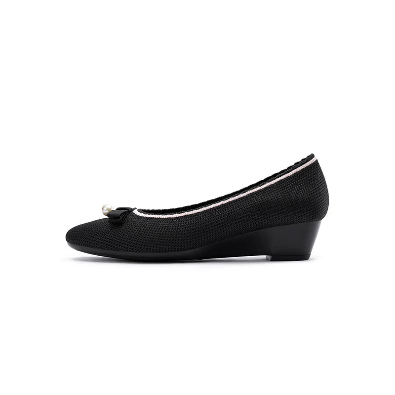 Shallow Wedge Pearl Bow Work Shoes - Black