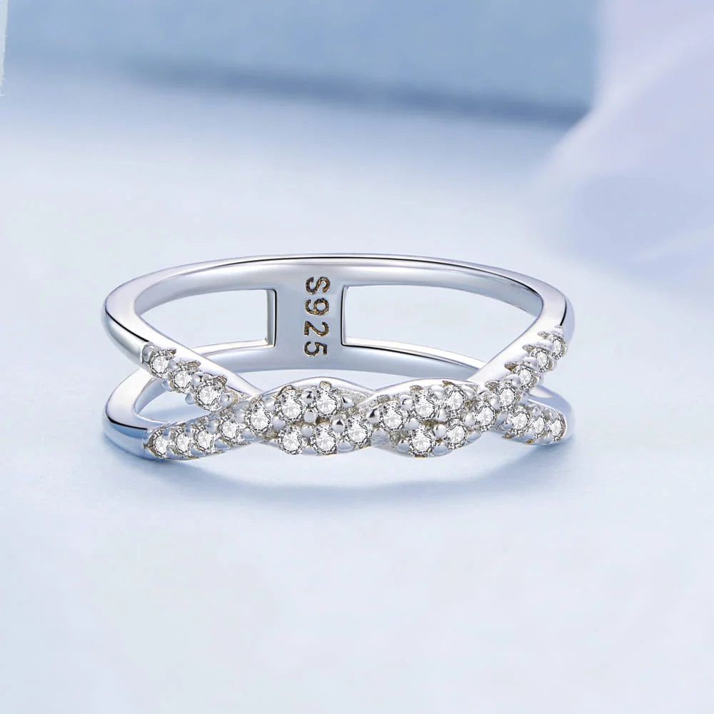 Solid 925 Sterling Silver Crystals Braided Ring