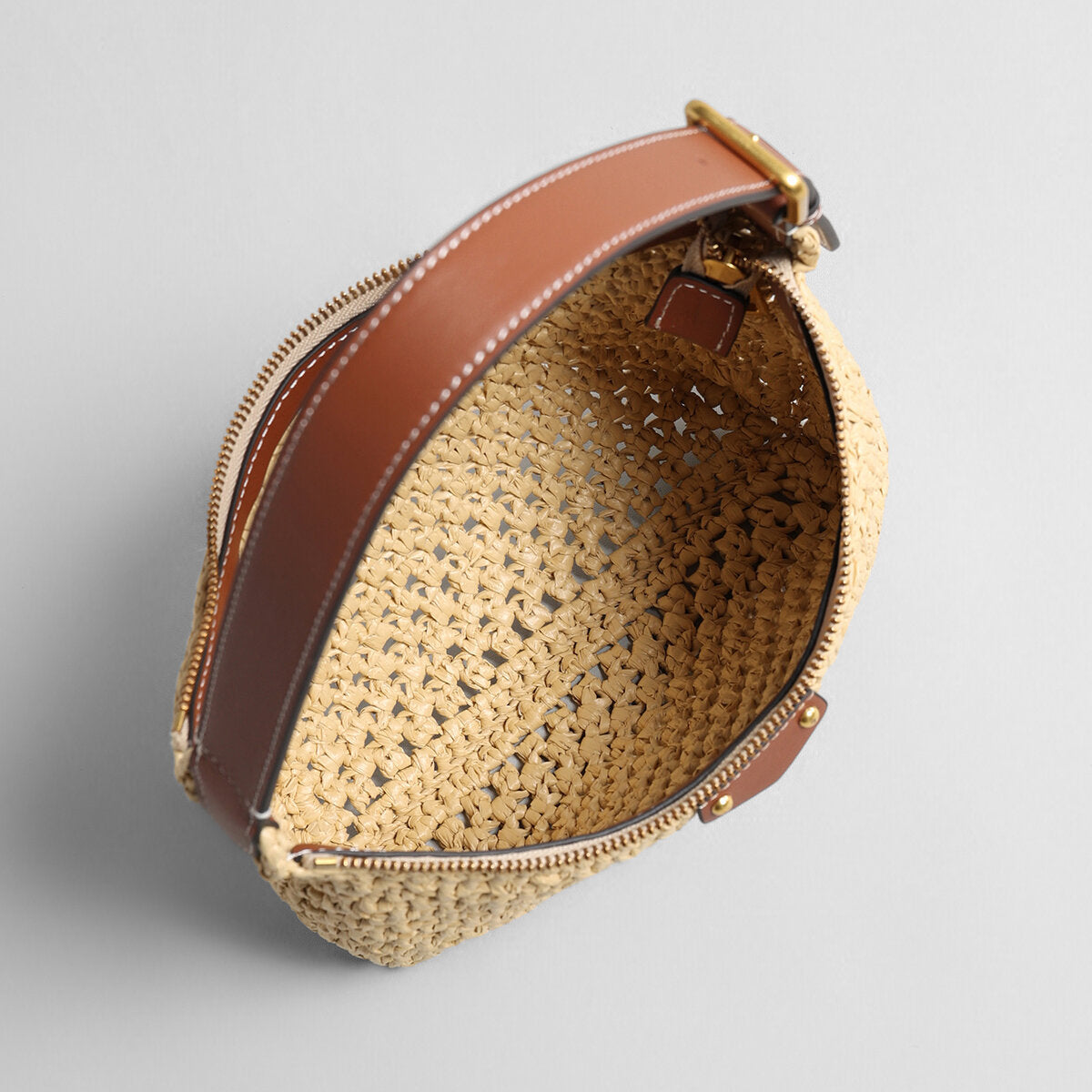 Handwoven Raffia Crochet Crescent Shoulder Bag - Natural