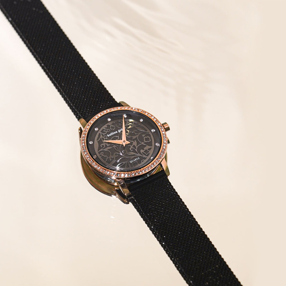 Bullion Gold Bullion Gold Elite Watch Embellished with Rhinestone - Rose Gold and Black