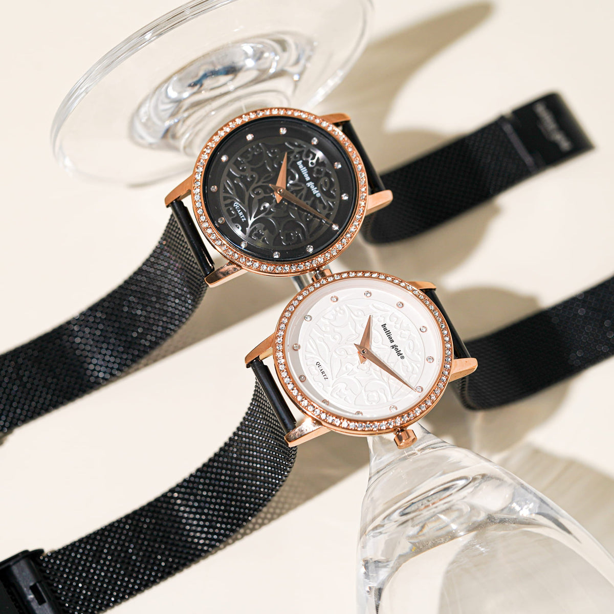 Bullion Gold Bullion Gold Elite Watch Embellished with Rhinestone - Rose Gold and Black