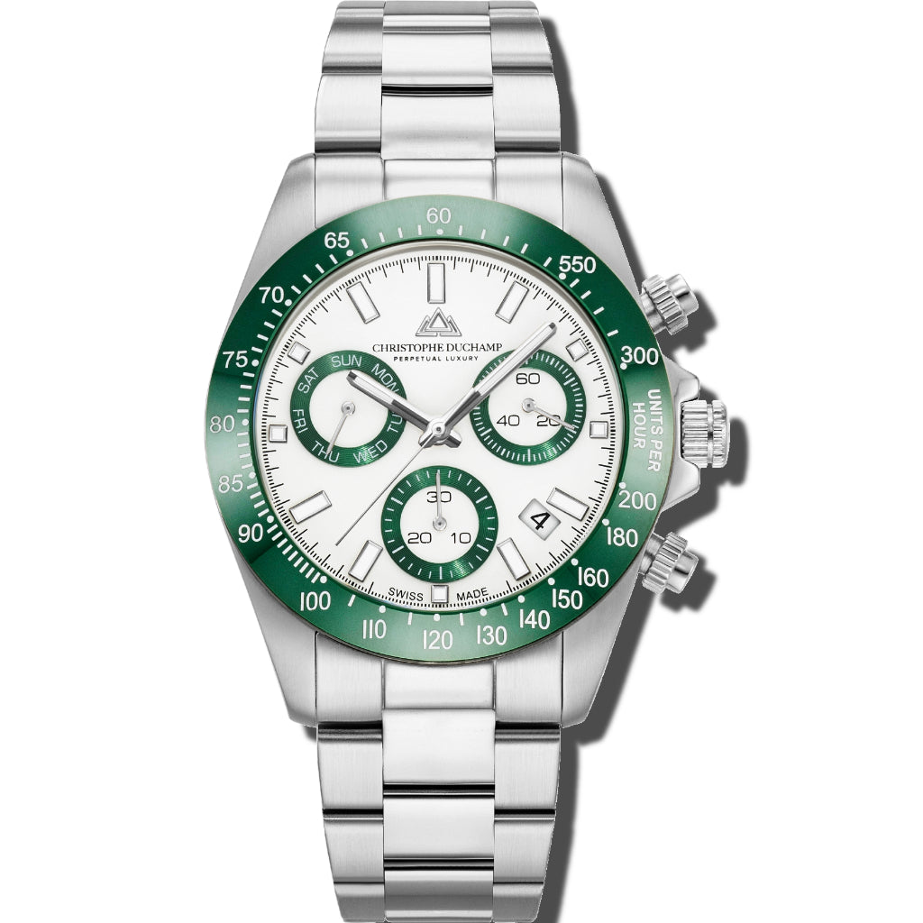 Christophe Duchamp Grand Mont Ceramic - White Dial with Green Bezel and Silver Stainless Steel Strap
