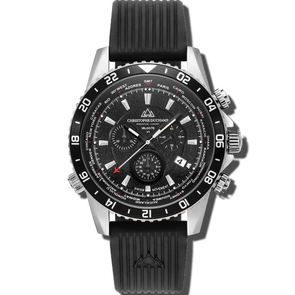 Christophe Duchamp Velocite V1 - Black Dial with Black Bezel and Silver Rubber Strap