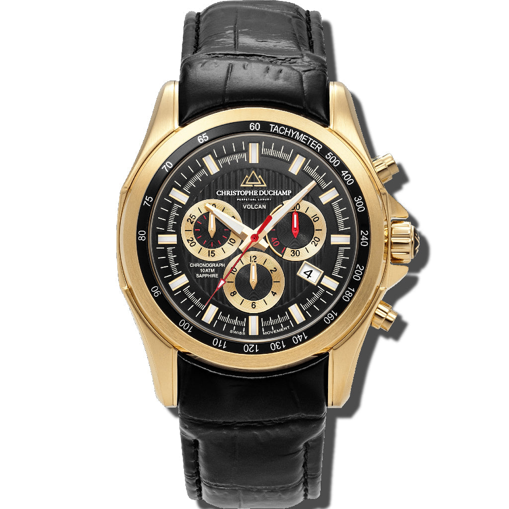 Christophe Duchamp Volcan - Black Dial with Gold Case and Black Leather Strap
