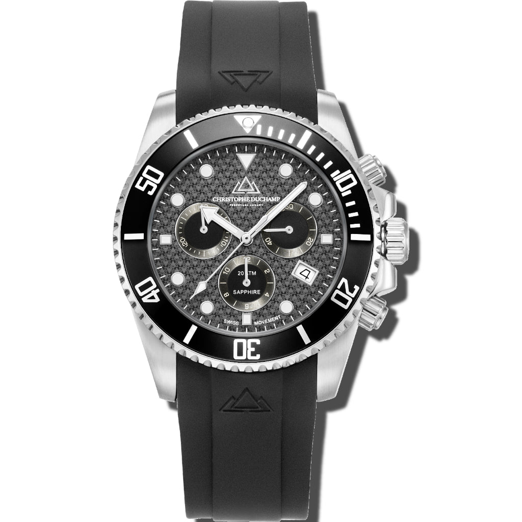 Christophe Duchamp Marine chrono Rubber - Black Dial with Silver Case, Black Bezel and Black Rubber Strap