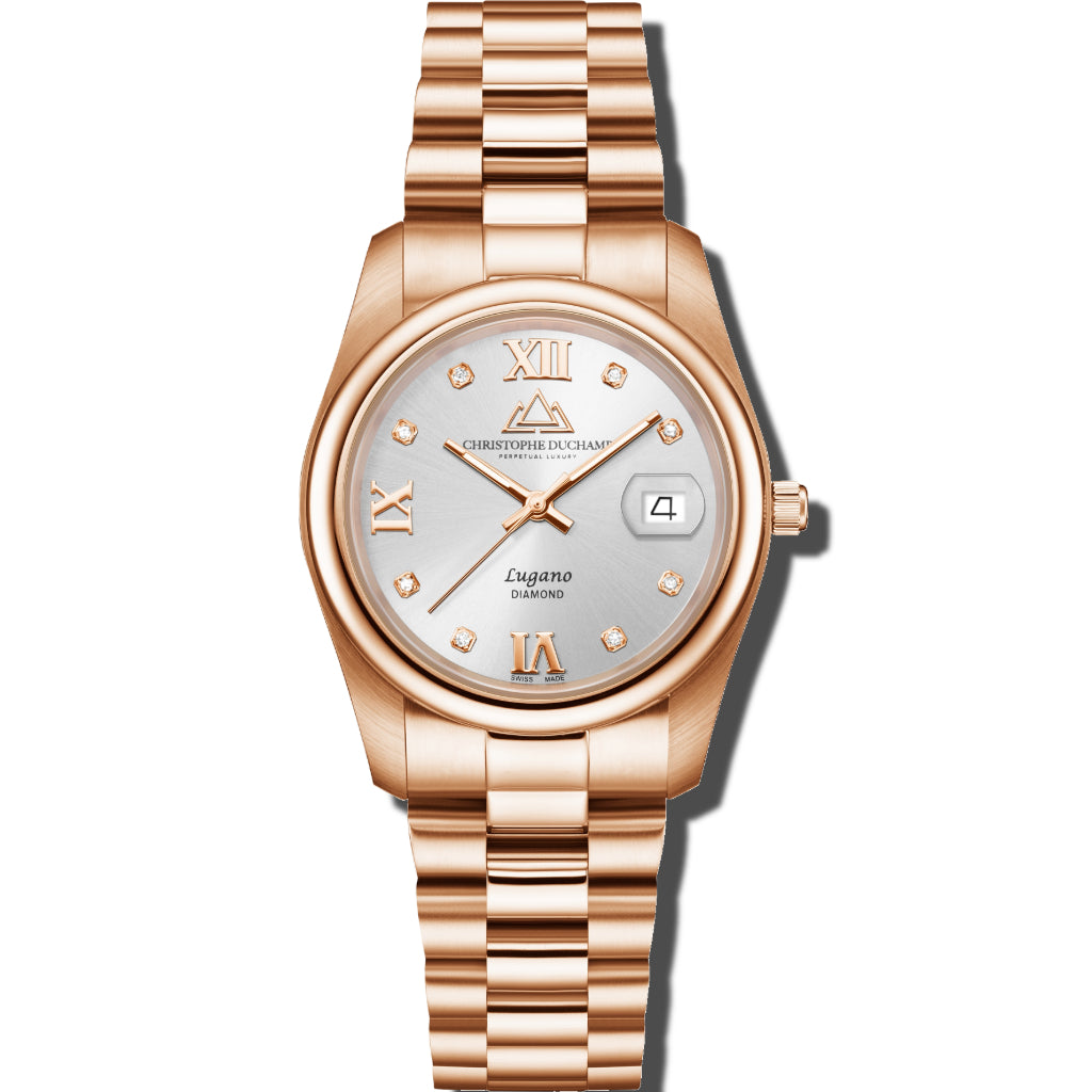 Christophe Duchamp Lugano - Silver Dial with Rose Gold Stainless Steel Strap