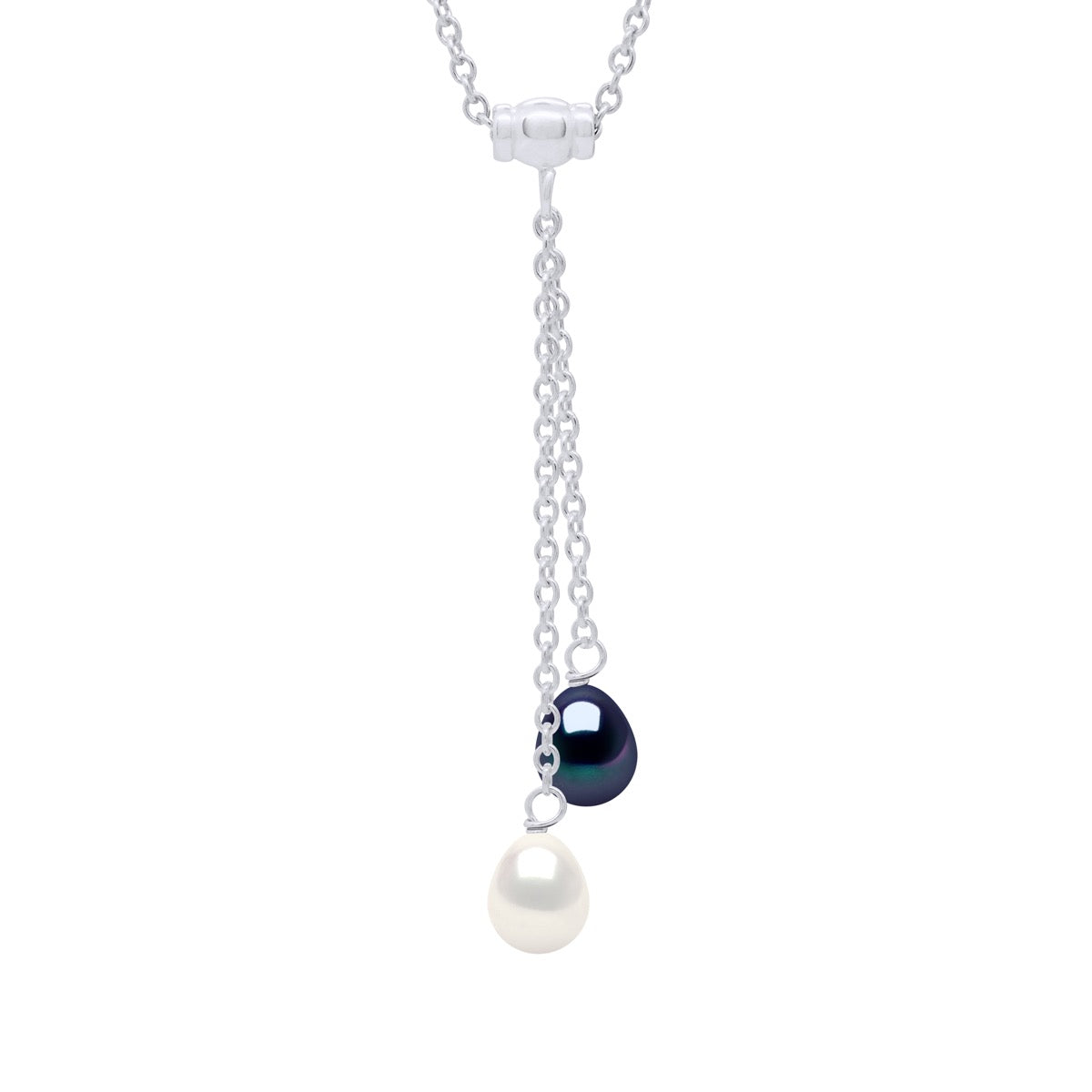 Necklace "Duo" 2 Real Cultured Freshwater Pearls Pear 7-8 mm - Natural White + "Black Tahitian Style" - Longueur 18 cm