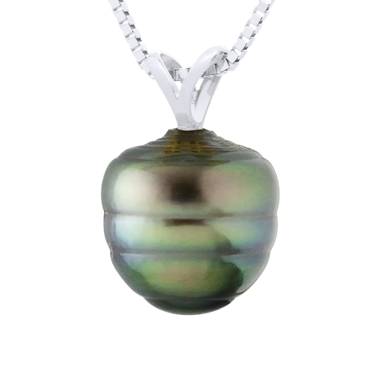 Beaded Pendant "V" Thread White Gold 750 and Real Cultured Tahiti Pearl Circled 9-10 mm - Longueur 18 cm