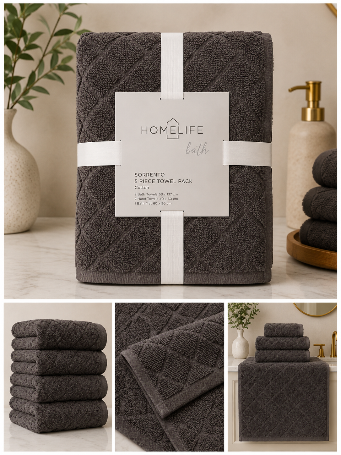 Homelife Naxos Diamond 5 Piece Towel Pack Charcoal