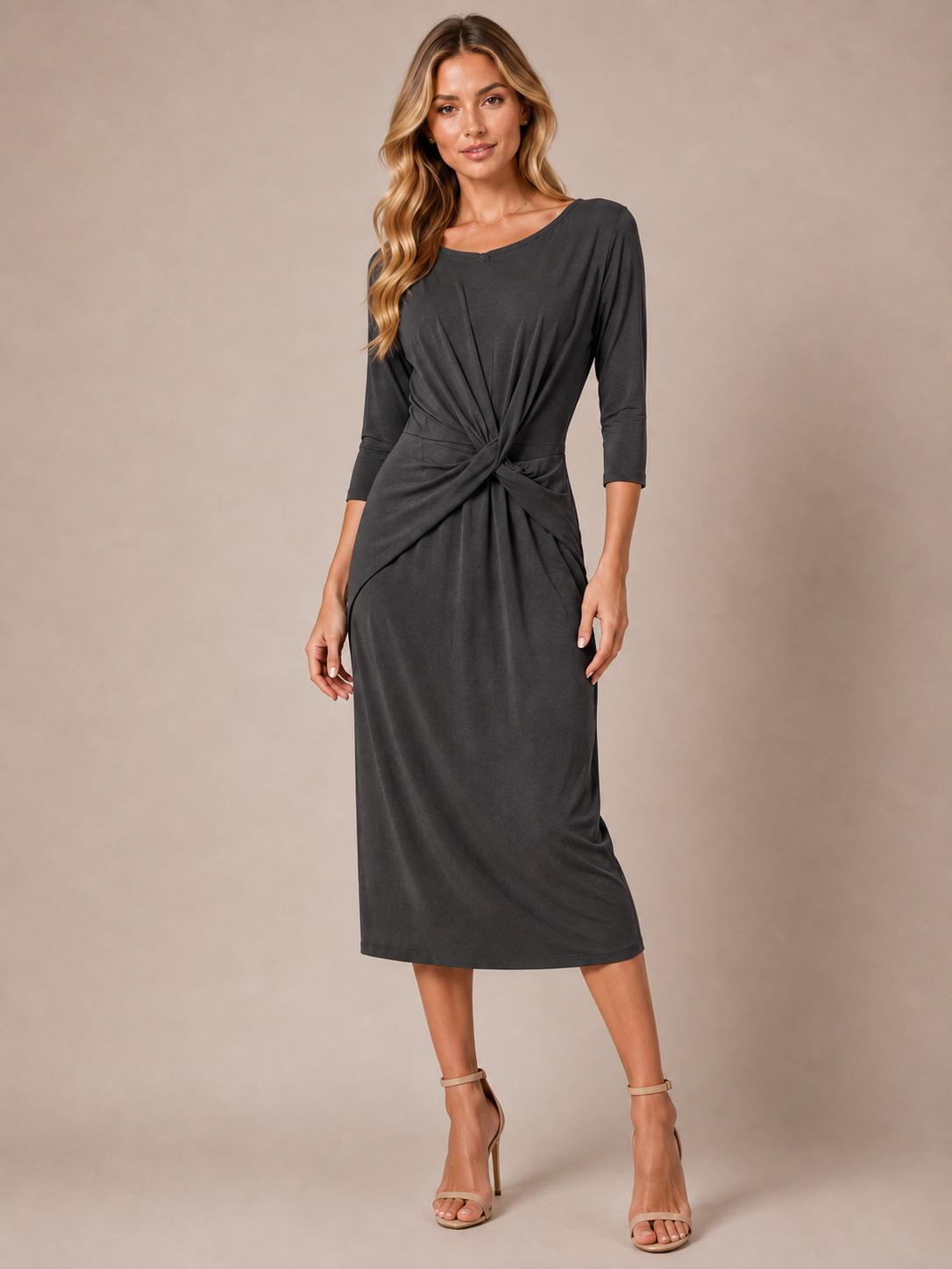Worship Women's 3/4 Sleeve Front Twist Dress - Charcoal