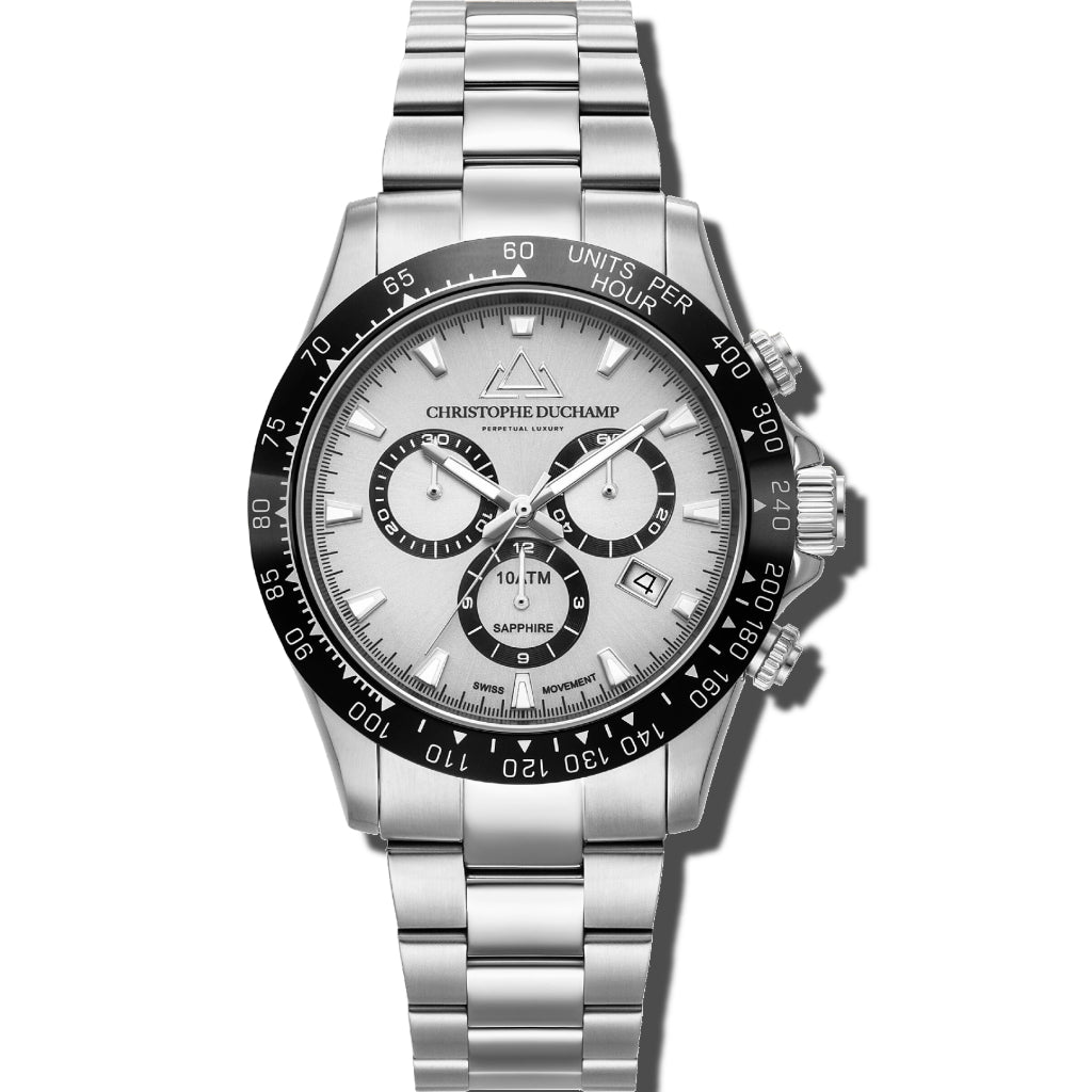 Christophe Duchamp Grand Mont - Silver Dial with Black Bezel and Silver Stainless Steel Strap