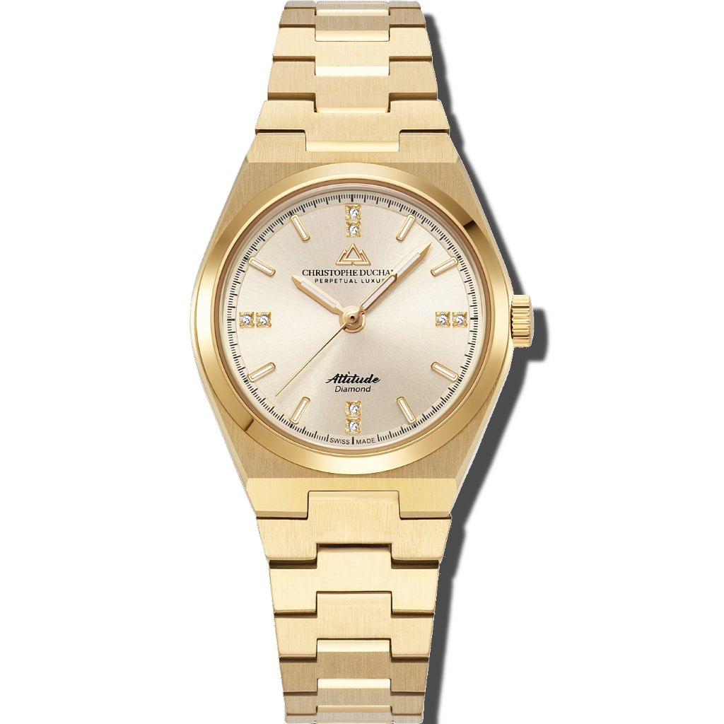Christophe Duchamp Attitude Double Diamond - Champagne Dial with Gold Case and Gold Stainless Steel Strap