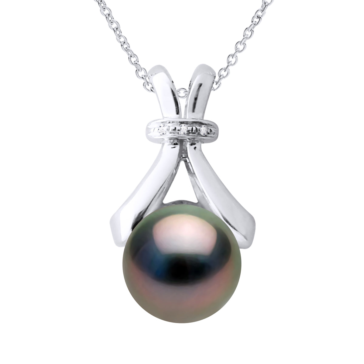 Necklace Jewelry Diamond 0.01Cts (3 X 0.0033 Cts) White Gold and Real Cultured Tahiti Pearl Round 7-8 mm - Length Chain 42 cm