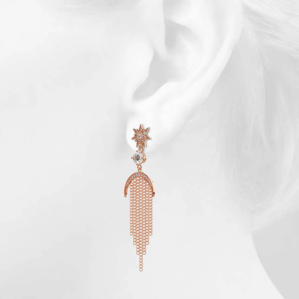 Bullion Gold Star Sun & Moon Diamonelle Chandelier Tassle Drop Earrings Rose Gold