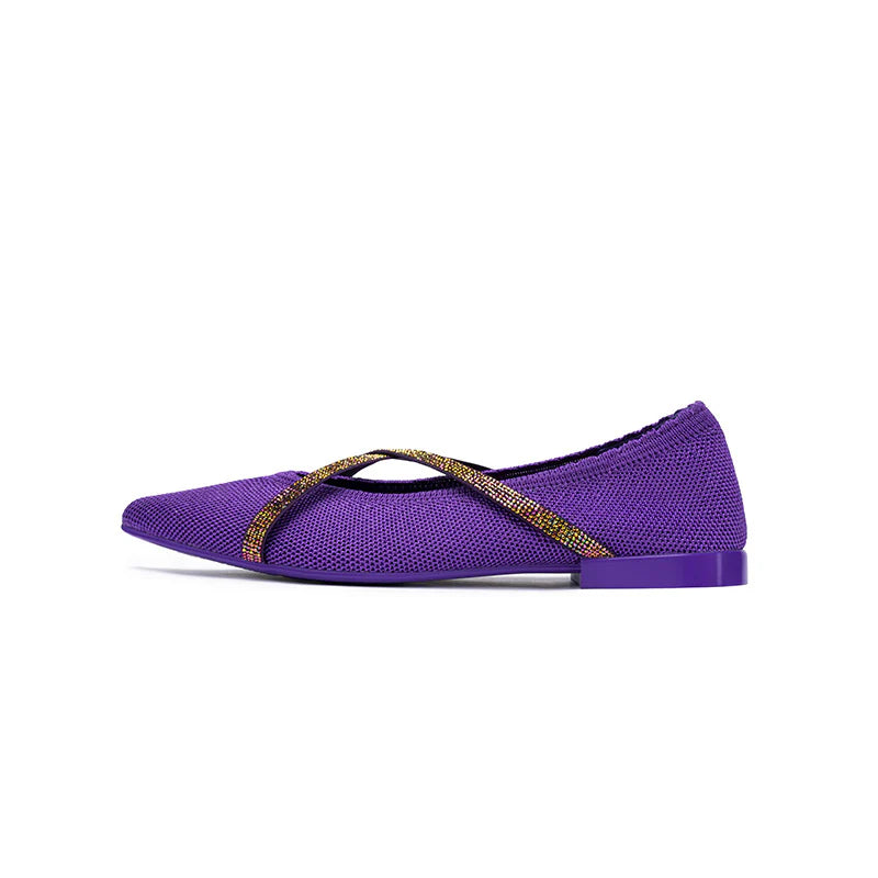 Rhinestone Cross Strap Pointed Toe Knit Flats - Purple