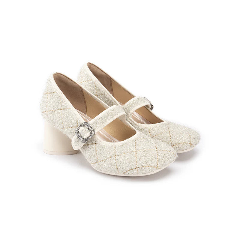 French Vintage Mary Jane Block Heels - Ivory