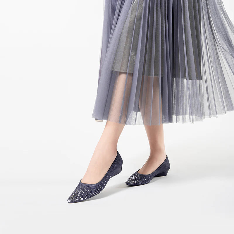 Rhinestone Gradient Knit Pointed Toe Wedge Flats - Navy