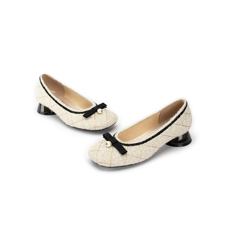 Classic Bow Tweed Quilted Pumps - Ivory