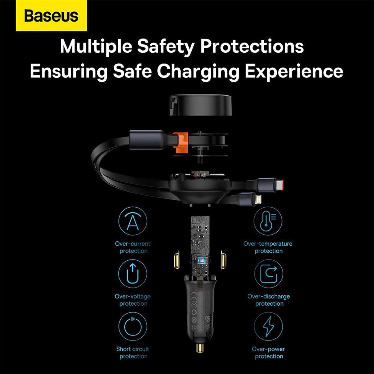Baseus 30W Fast Charging Retractable 2-in-1 Car Charger Type-C iP Pin 12-24V 3.5A